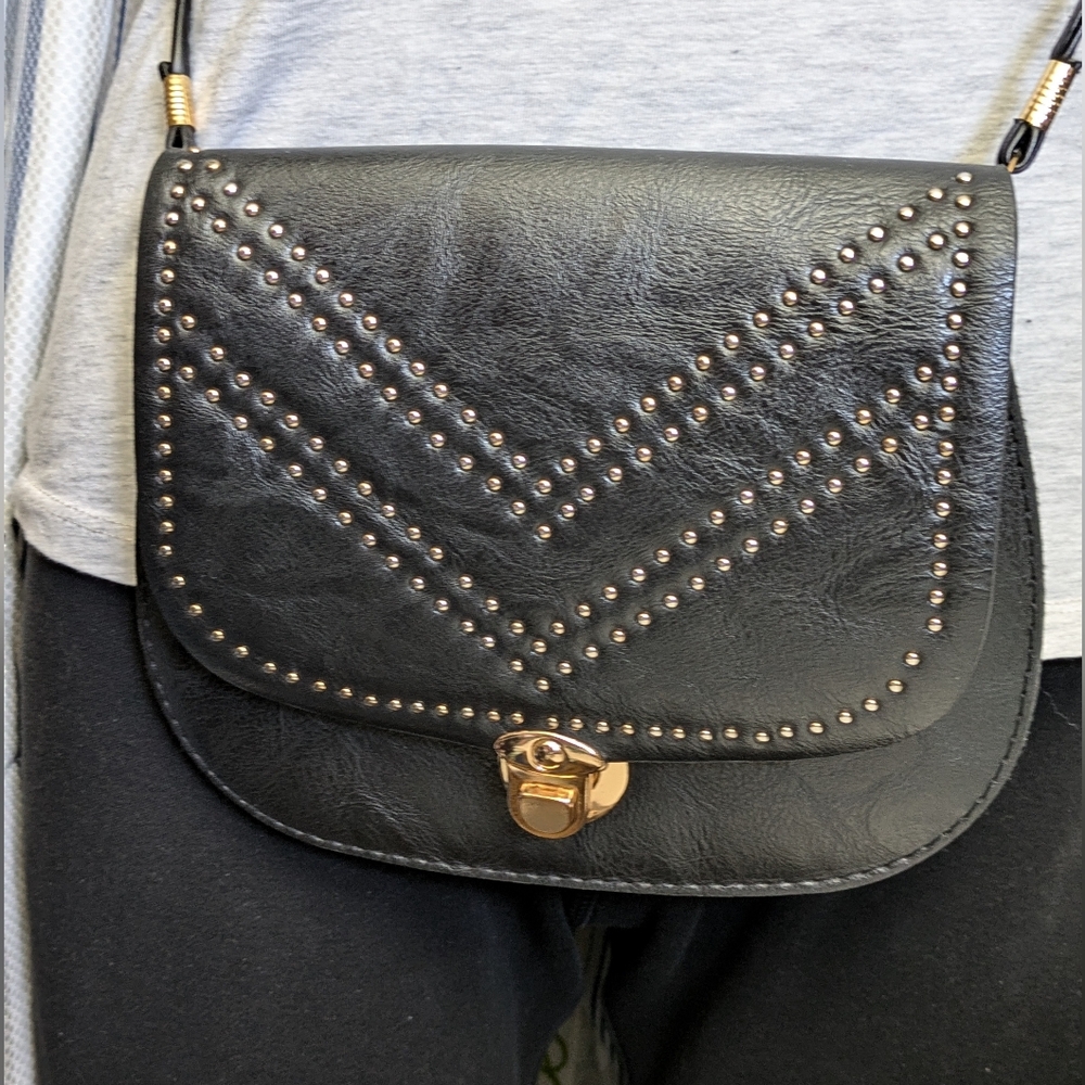 Cute Black Studded Cross Body Bag Purse Bohemian Grunge Goth Casual - Picture 14 of 14